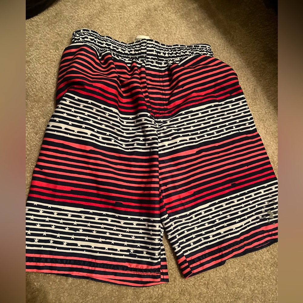 Under Armour red white blue swim trunks